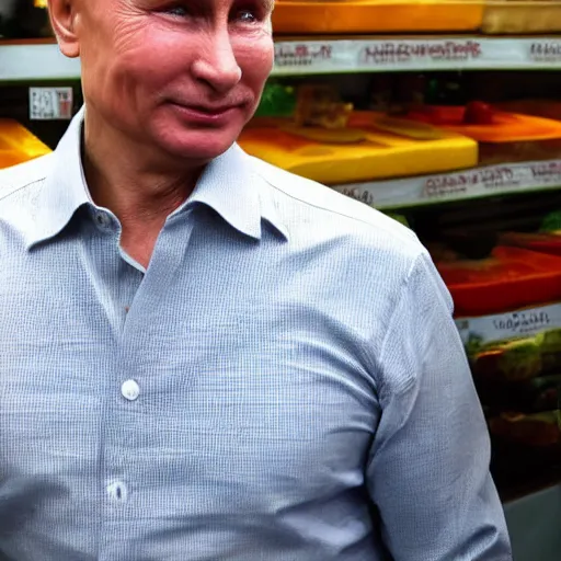 Image similar to close up of vladimir putin visiting a cheese market