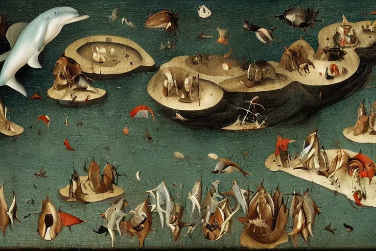 Prompt: a deep lake filled with fish people, dolphins, flippers hybrid half man half fish, monstruous dolphins, lizards, toads, jumping flying and eating frogs, detail of a painting by hieronymus bosch