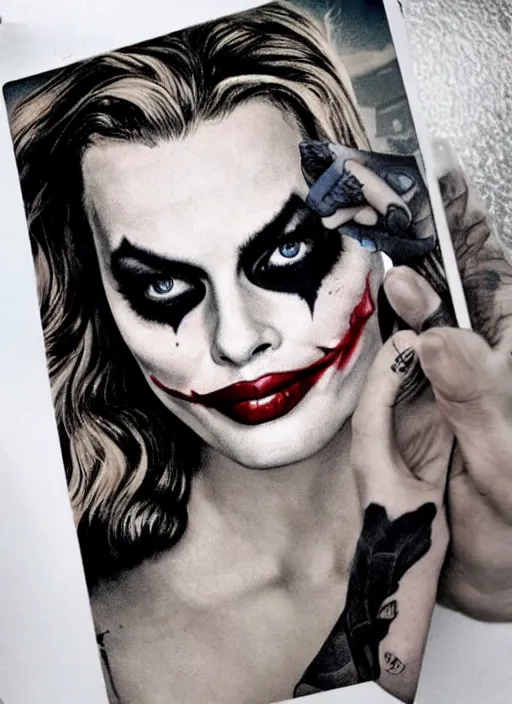 Prompt: beautiful margot robbie with joker makeup tattoo design, holding an ace card, black and white, realism tattoo, hyper realistic