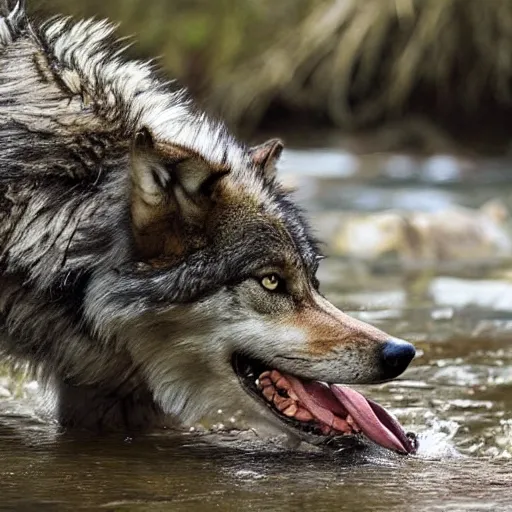 Image similar to A majestic and beautiful wild wolf out by a river with its head down taking a drink from the stream while it's ears are up and alert listening for danger with trees behind it, set in warm spring where it is sunny and windy, award winning, hyper realistic, 8k, photo