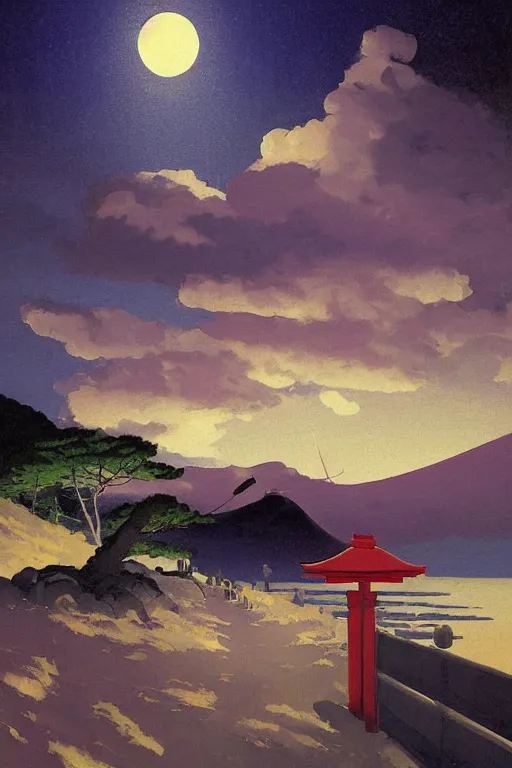 Prompt: a traditional Japanese quite Torii on a mountain, dark,night , MOON IN SKY, by studio ghibli painting, clouds, wide angle , low-angle shot, by Joaquin Sorolla rhads Leyendecker, by Ohara Koson and Thomas Kinkade, traditional Japanese colors, superior quality, masterpiece