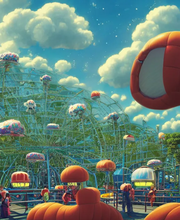 Image similar to a puffy inflated amusement park made out of fat seamless alien creatures, in the style of an aerodynamic obese robot, overgrown with thick orchids, partly cloudy, moody, dramatic lighting, by dan mumford, yusuke murata, makoto shinkai, ross tran, cinematic, unreal engine, cel shaded, featured on artstation, pixiv