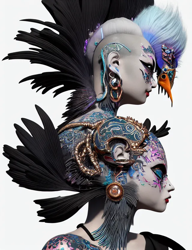 Image similar to 3 d goddess close - up profile portrait punk with mohawk with ram skull. beautiful intricately detailed japanese crow kitsune mask and clasical japanese kimono. betta fish, jellyfish phoenix, bio luminescent, plasma, ice, water, wind, creature, artwork by tooth wu and wlop and beeple and greg rutkowski