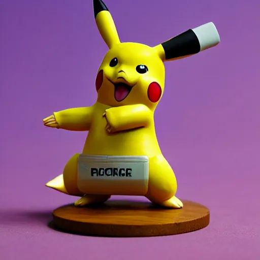 Image similar to plastic figure of pikachu holding a gun and standing on a wooden desk, 33mm, high res photo