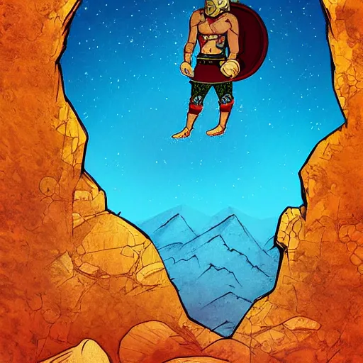 Prompt: persian folktale art style, barbarian on mars, standing atop boulder overlooking expanse, wearing a mask