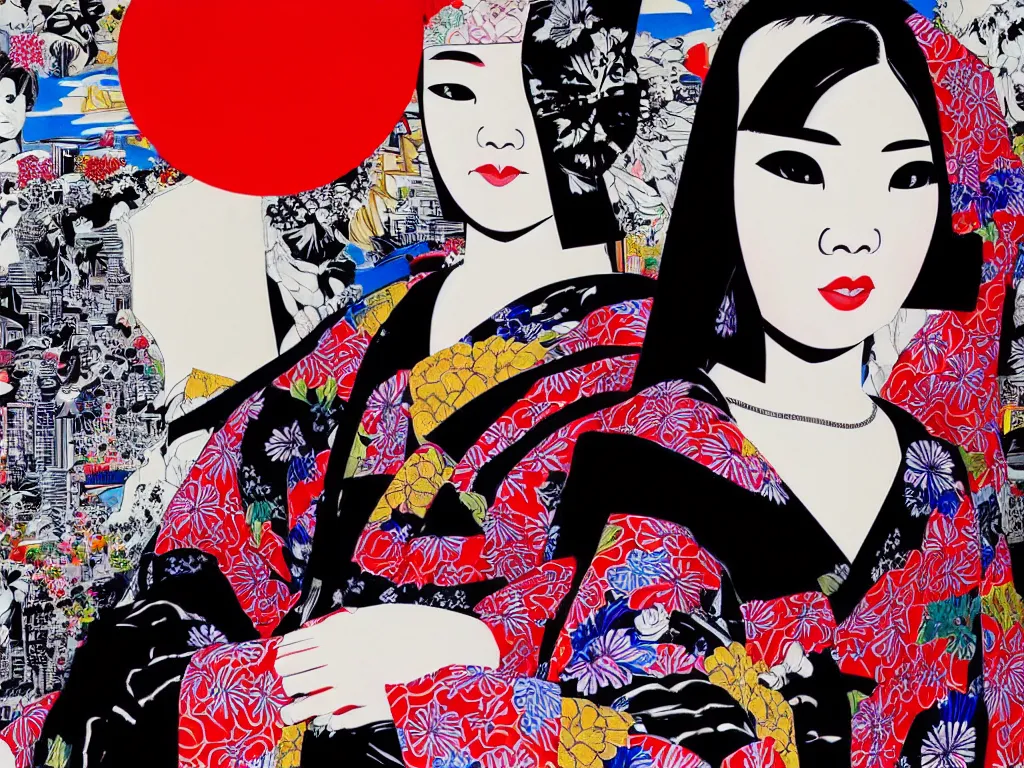 Image similar to hyperrealistic composition of the detailed woman in a japanese kimono sitting at a extremely detailed black jack table with hyperdetailed darth vader, fireworks, mountain fuji on the background, pop - art style, jacky tsai style, andy warhol style, acrylic on canvas