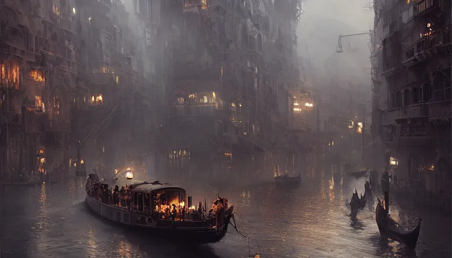 Prompt: Dieselpunk Venice city, steam, dieselpunk gondola, oil petroleum black rivers, epic composition, intricate, elegant, volumetric lighting, digital painting, highly detailed, artstation, sharp focus, illustration, concept art, ruan jia, steve mccurry