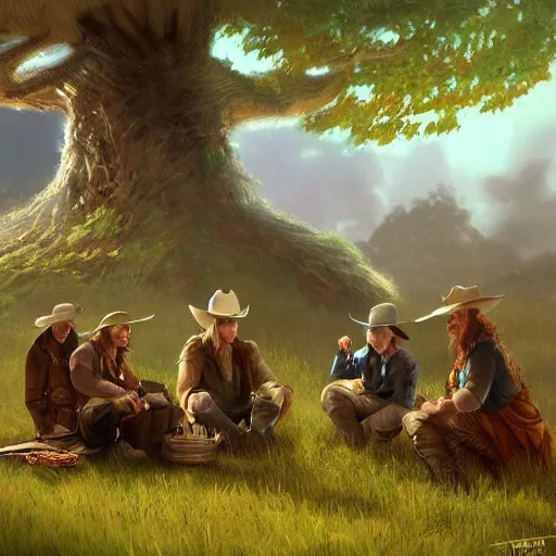 Prompt: hobbits wearing cowboy hats hiring under a tree from wraiths, artstation digital art