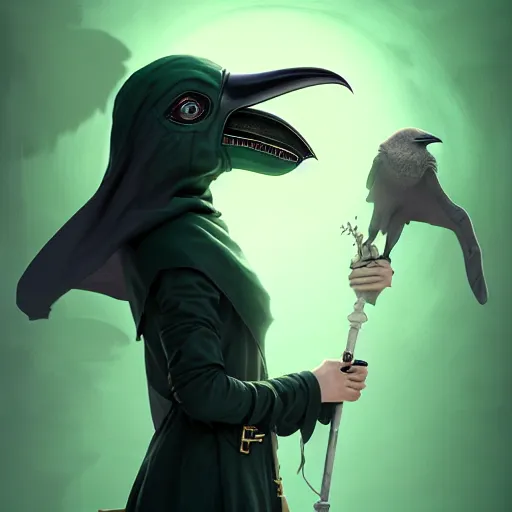 Prompt: portrait of a cute feminine female plague doctor, side angle, green background, raven mask, stunning 3 d render inspired art by greg rutkowski and xiang duan and thomas eakes, realistic, highly detailed attributes and atmosphere, dim volumetric cinematic lighting, 8 k octane detailed render, post - processing, masterpiece, soft vignette, vibrant colors