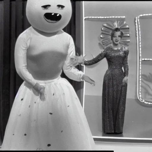 Prompt: still from a live - action children's show about a beautiful woman and an anthropomorphic stomach, technicolor, on stage in front of a live studio audience, 1 6 mm film, woman in a glamorous dress