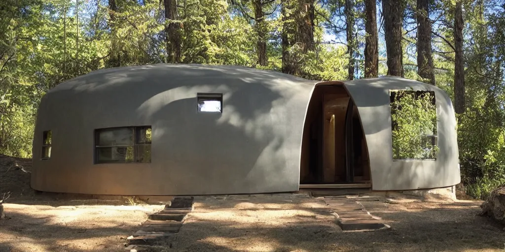 Image similar to futuristic yurt in the style of george suyama, concrete and steel, many square windows