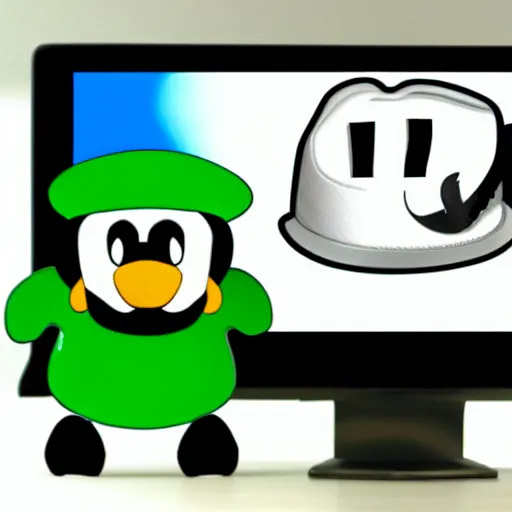 Image similar to tux penguin wearing the luigi hat in front of a computer with linux running on the screen, cute digital art, 4 k