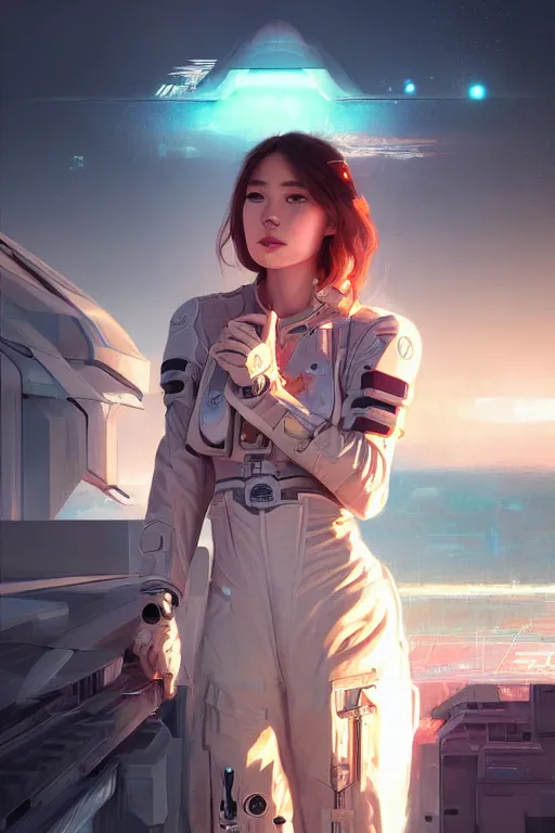 Prompt: portrait futuristic Airforce Girl, looking at the camera, in future airport rooftop , sci-fi, fantasy, intricate, very very beautiful, elegant, human anatomy, neon light, highly detailed, digital painting, artstation, concept art, smooth, sharp focus, illustration, art by tian zi and WLOP and alphonse mucha