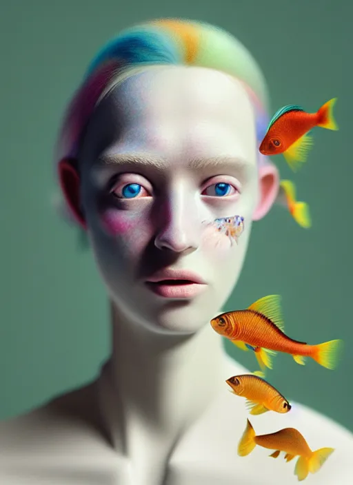Image similar to Kodak Portra 400, 8K, soft light, volumetric lighting, highly detailed, fine art portrait photography in style of Tim Walker , britt marling face 3/4 morphing with soft pastel colors tropical fishes, metamorphosis complex 3d render , 150 mm lens, soft blur background, bust with intricate details, elegant, hyper realistic, ultra detailed, octane render, etheric, outworldly colours, emotionally evoking, head in focus, fantasy, ornamental, intricate, elegant, 8K, soft light, volumetric underwater lighting, highly detailed, Refined, Highly Detailed, soft lighting colors scheme, fine art photography, Hyper realistic, photo realistic