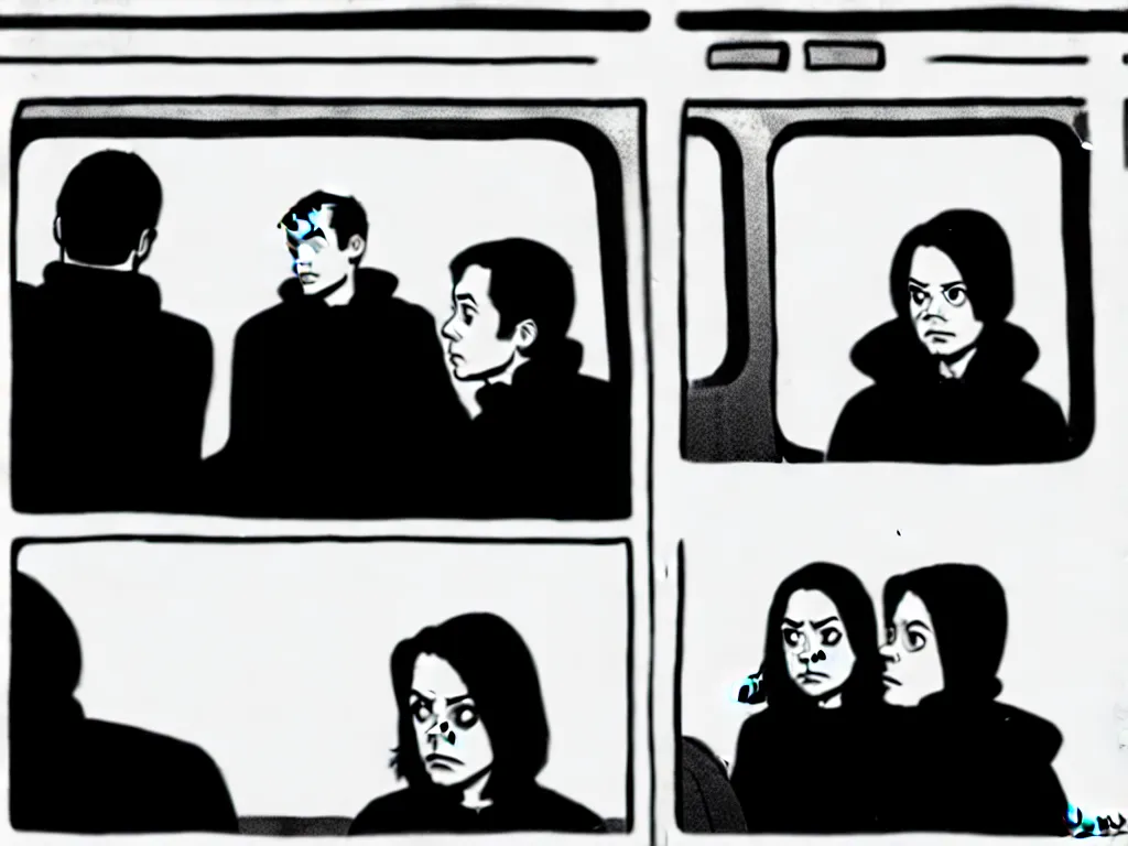 Image similar to a single comic panel by Daniel Clowes, 3/4 low angle view wide shot of two people sitting in an empty Chicago subway train, in front of windows: a sad Aubrey Plaza in a parka and a friendly Mads Mikkelsen in a suit