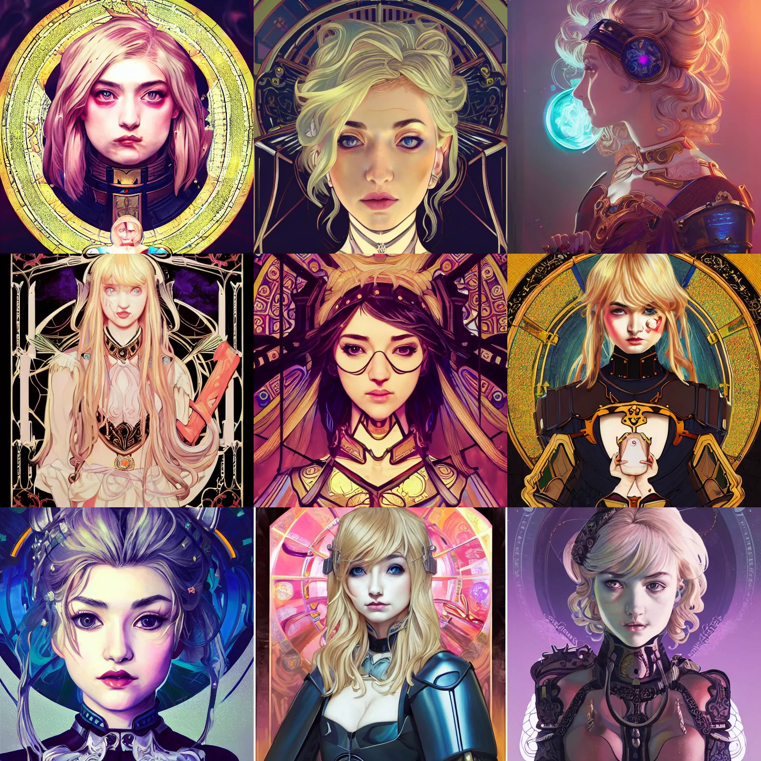 Prompt: masterpiece head-on symmetrical centered painted portrait, Imogen Poots as a paladin, blonde hair, glorious, wearing full metal armour, glowing stained glass backdrop, elegant, in the style of Lois van Baarle and Ilya Kuvshinov and Rossdraws and Ruan Jia and Ross Tran and Alphonse Mucha and Ayami Kojima and Charlie Bowater and Karol Bak and Jean Delville, overwatch character, pixar, maya engine on stylized background, splash comics, global illumination lighting