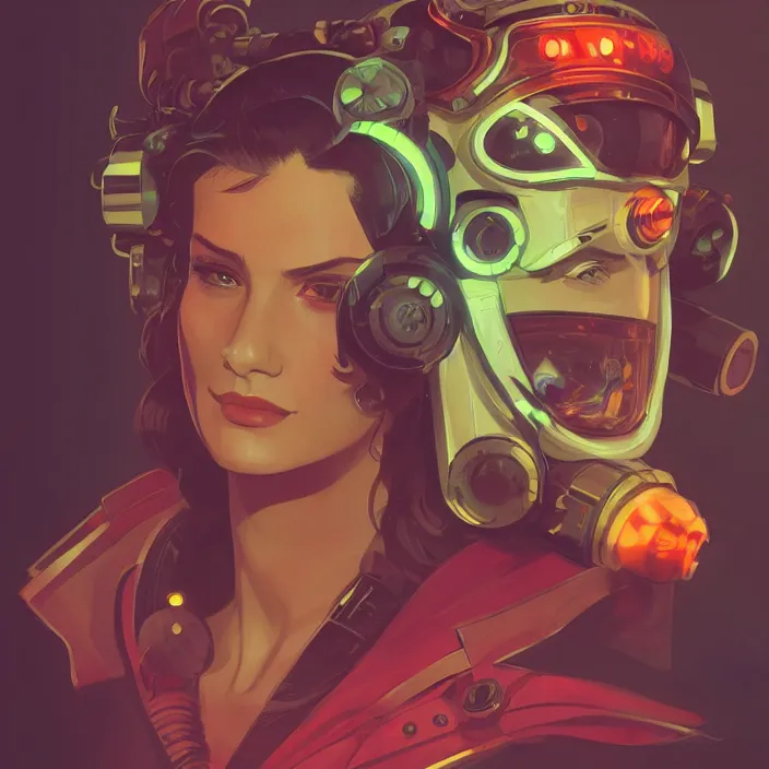 Image similar to a head and shoulders portrait of a space pirate, neon, retro, steampunk, smooth, sharp focus, artstation, concept art by Rutkowski and Mucha and sky sewa