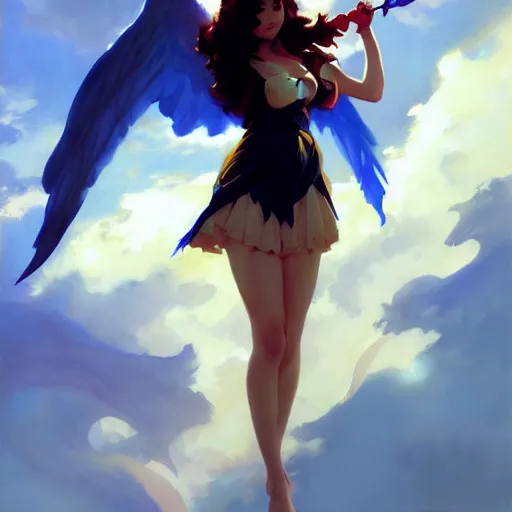 Prompt: greg manchess painting of anime woman, long wings, sorceress wand, soft lighting, trending on artstation, by huang guangjian and gil elvgren and sachin teng