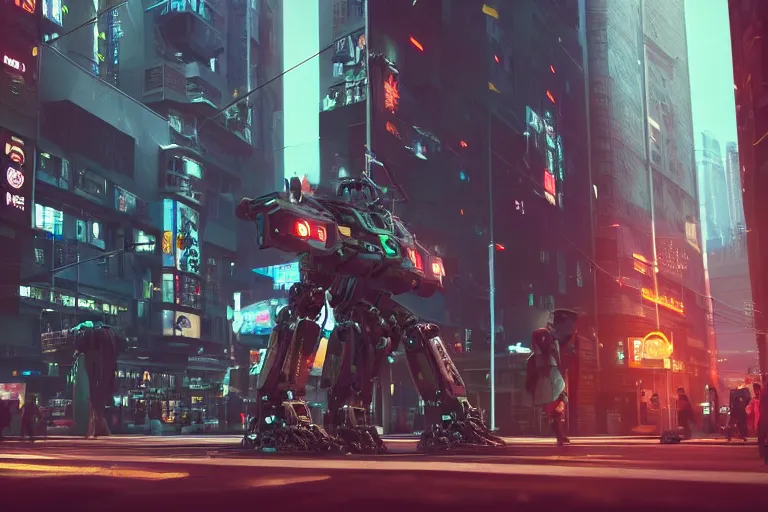 Image similar to professional photo of a cyberpunk mech on the busy streets of a dystopian futuristic city with pedestrians, 4k, octane render, Unreal Engine