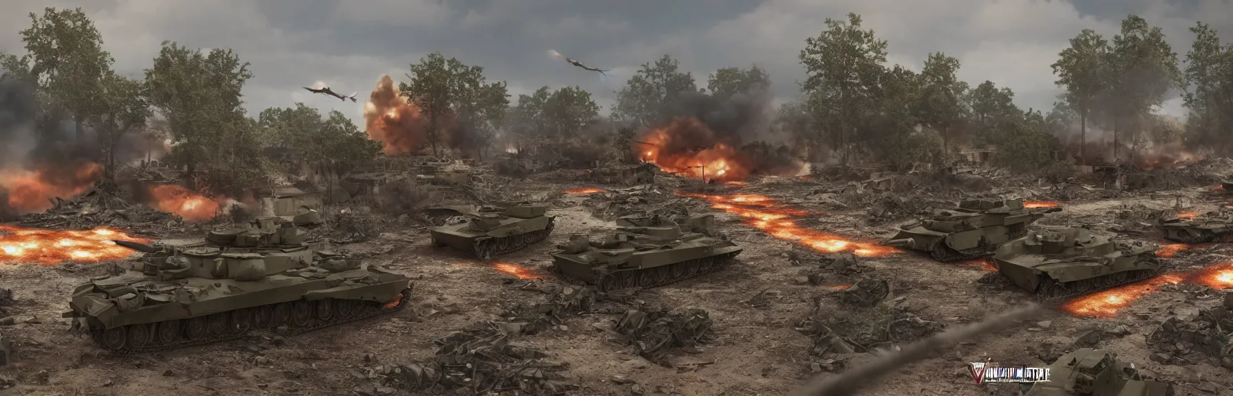 Prompt: a warzone in world war 2, eastern front, building are being bombed by luftwaffe, soldiers on foot, two tiger tanks on the road, scenic view, ultrarealistic, octane render, unreal engine 5