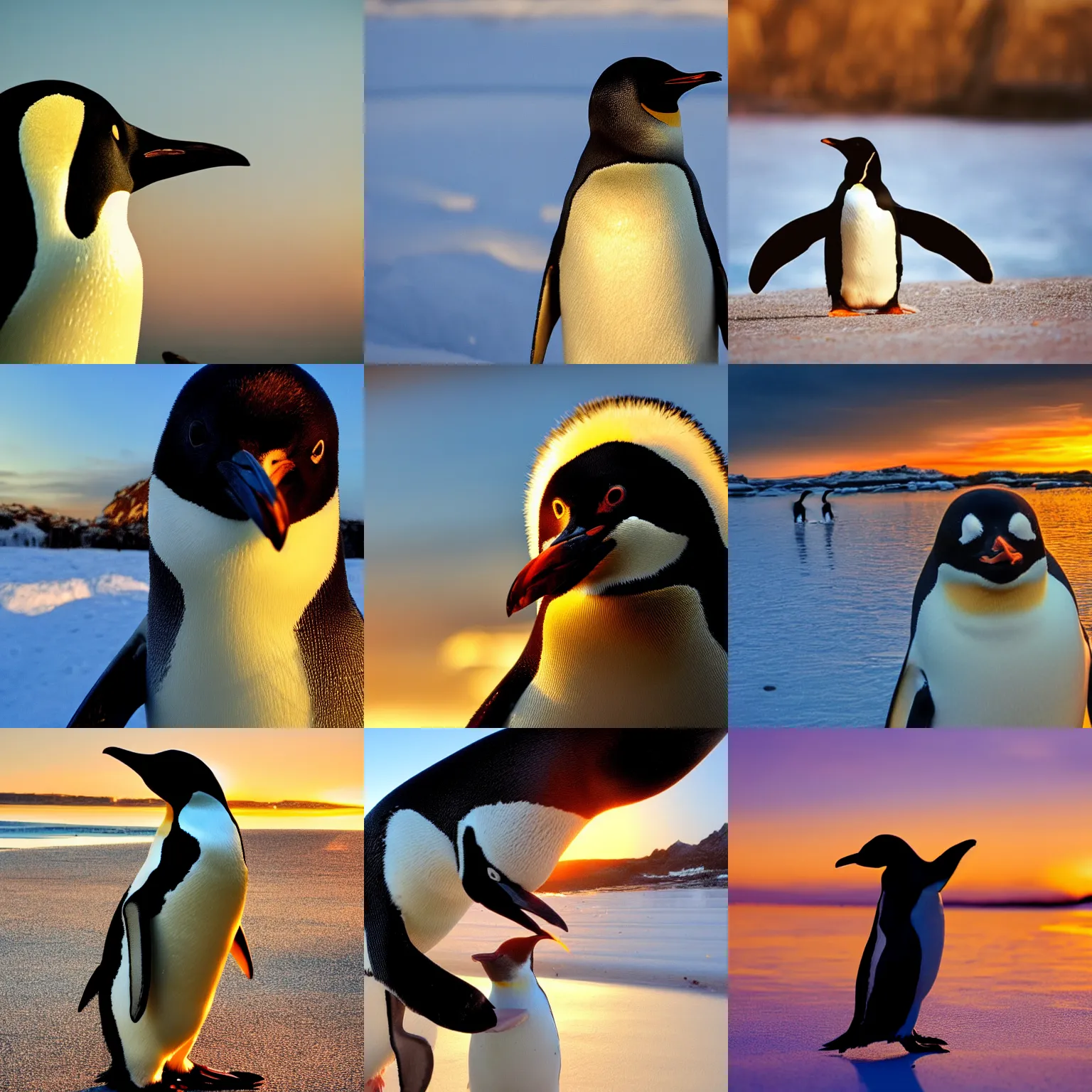 Prompt: selfie photo of a beautiful penguin, goldenhour