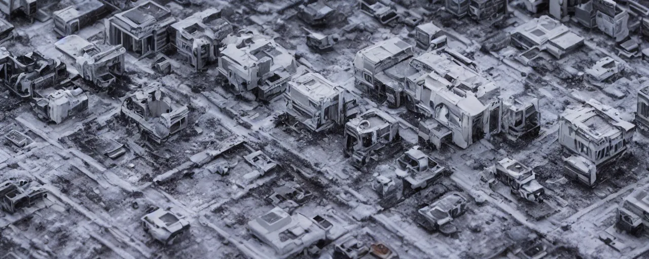 Image similar to mega detailed miniature voxel diorama abandoned nasa space base, brutalism architecture, tilt shift suburban, hard lights are on in the windows, dark night, fog, winter, blizzard, uncozy and not peaceful atmosphere, row of street lamps with cold blue light, several ruins nearby, cold war era 1 9 6 0