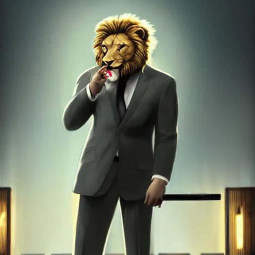 Image similar to a lion smoking a cigar wearing a suit, subject= lion, subject detail: wearing a suit, subject action: smoking a cigar, dramatic lighting, cinematic lighting, establishing shot, photorealistic, high details, cinematic, 8k resolution, extremly detailed, photorealistic, artstation, unreal engine