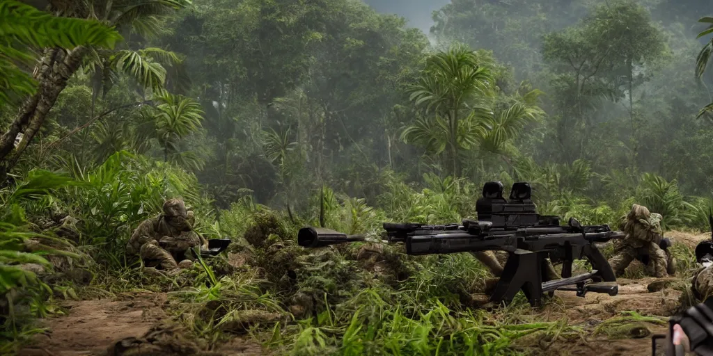 Prompt: soldiers aiming rifles at a dinosaur in the jungle, very highly detailed, 4k, cinematic, unreal engine 5