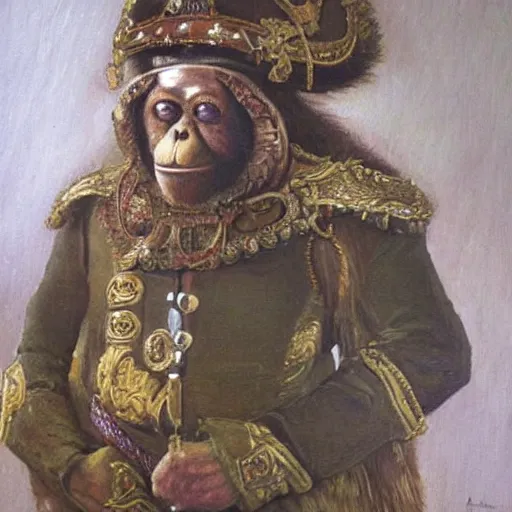 Image similar to An exquisite oil painting of a orangutan dressed like a bearded Napoleon with full military regalia