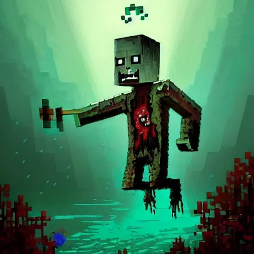 Image similar to painting by greg rutkowski of a minecraft drowned zombie with glowing cyan eyes, wearing ragged clothing and and algae growing on it, holding a trident, underwater