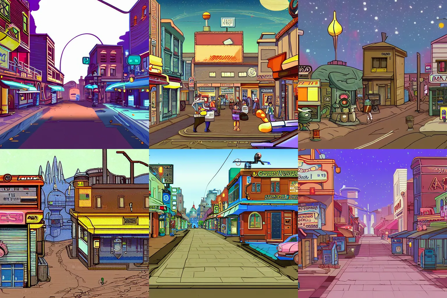 Prompt: Main street of a small town on an alien planet, from a space themed Serria point and click 2D graphic adventure game, made in 1999, high quality graphics