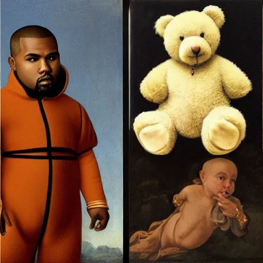 Prompt: A renaissance painting of Kanye West with a anthropomorphic Teddy Bear mascot, portrait, album cover,