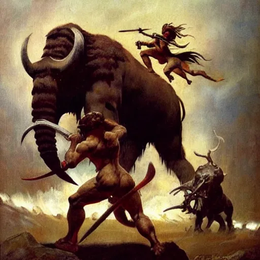 Prompt: a warrior fighting a mammoth to pretotect a girl, detailed oil painting by Frank Frazetta
