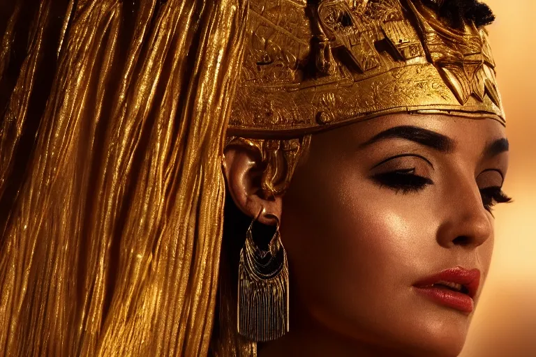 Image similar to a beautiful award winning photo of Cleopatra, golden hour, very detailed and sharp, 4k cinematic