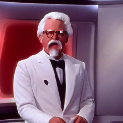 Prompt: A still of Colonel Sanders as a Captain on Star Trek The Next Generation