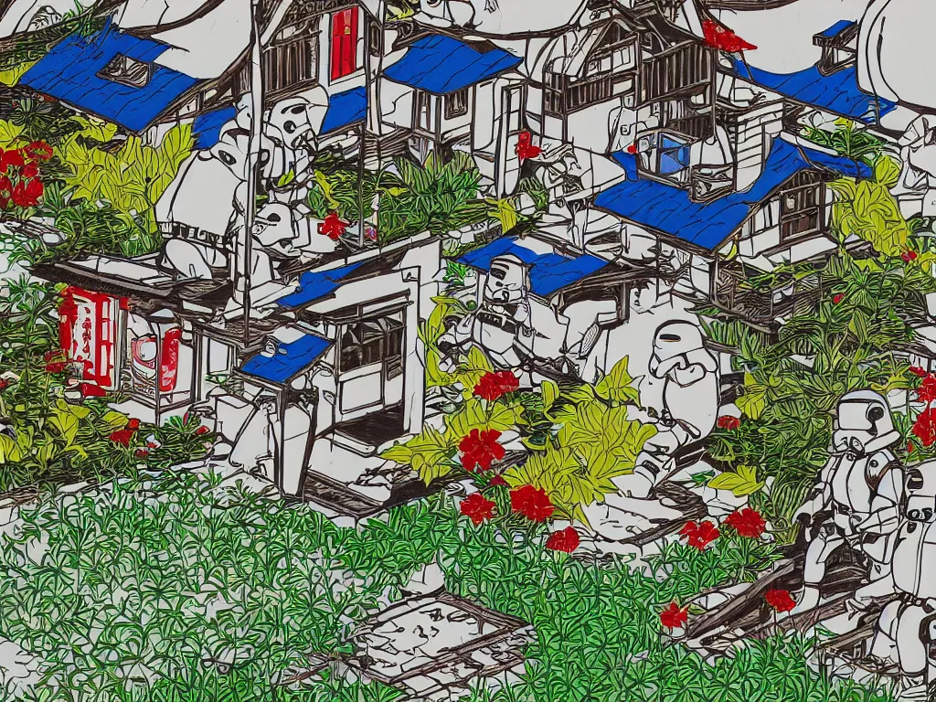 Image similar to detailed close - up image of the japanese home with a garden and a pond, 2 stormtroopers sitting around it, pop - art style, jacky tsai style, andy warhol style, roy lichtenstein style, rich palette, acrylic on canvas