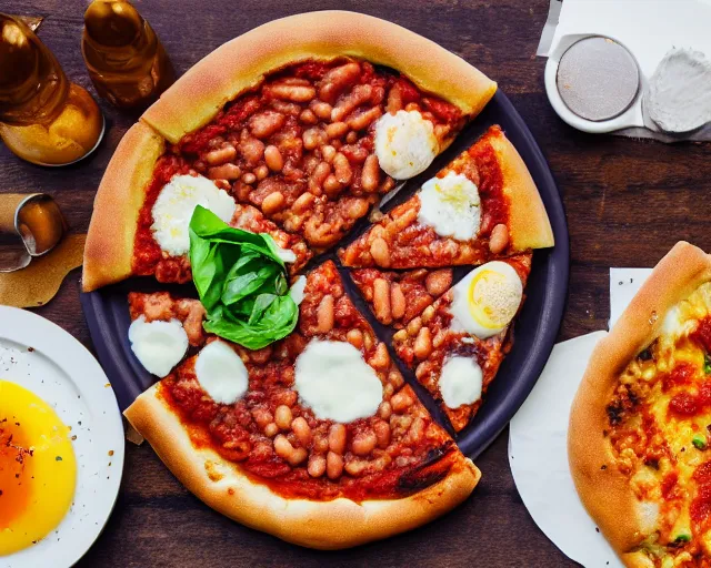 Prompt: dslr food photograph of a mouthwatering new york pizza with baked beans and egg on, 8 5 mm f 1. 4