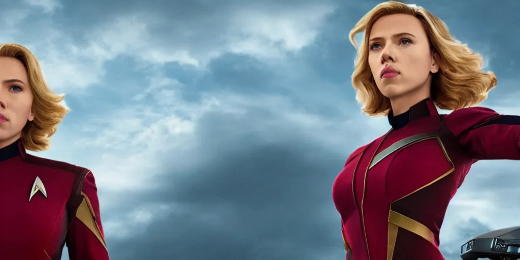 Image similar to incredible wide screenshot, Scarlett Johansson is captain of the Enterprise in the new Star Trek movie