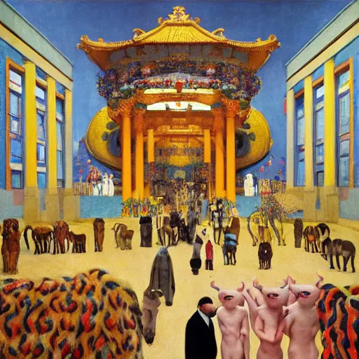 Prompt: a procession of animals in a giant temple, hyperrealistic film still by gottfried helnwein, by klimt, by paolo uccello, art nouveau, highly detailed, lights by edward hopper, liminal, eerie, metaphysical, bright pastel colors,