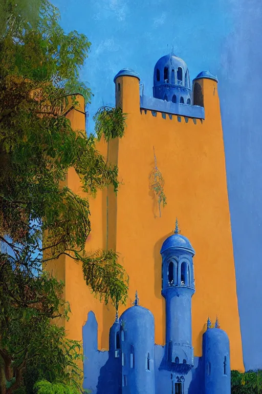 Image similar to view of the mysterious blue tower in its gardens after a storm, tall windows, beautiful moorish ornament, dramatic cinematic lighting, rich colors, by April Gornik and Nicholas Roerich and Sylvain Sarrailh and Ludwig Deutsch