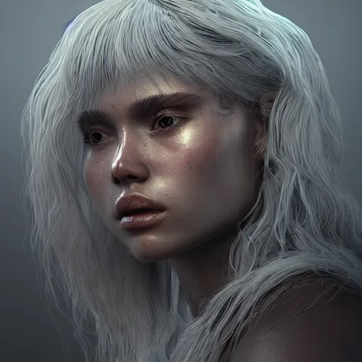 Image similar to griffith, au naturel, hyper detailed, digital art, trending in artstation, cinematic lighting, studio quality, smooth render, unreal engine 5 rendered, octane rendered