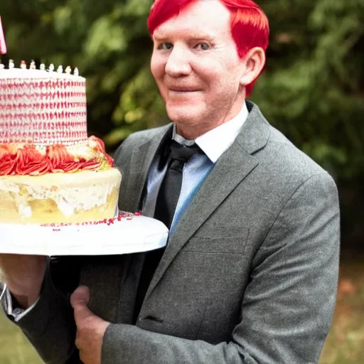 Image similar to Red haired man, dressed with a turbant, with a birthday cake