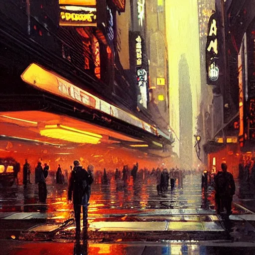 Image similar to detailed painting of a bladerunner vintage newyork, old cmputers on the sidewalk, celestial ephemeral ornaments and greek architecture, artstation, syd mead, cinematic