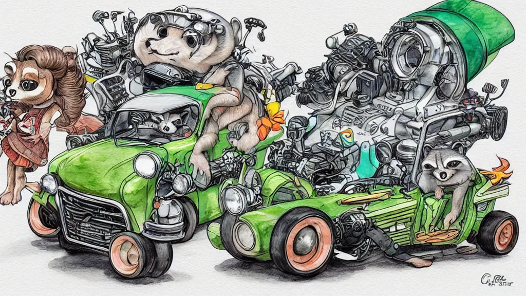 Image similar to cute and funny, racoon riding in a tiny hot rod coupe with oversized engine, ratfink style by ed roth, centered award winning watercolor pen illustration, isometric illustration by chihiro iwasaki, edited by range murata