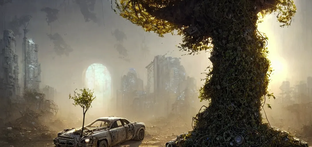 Image similar to tree growing in ancient cyberpunk ruins, gray wasteland, many scrap hovercars, plastic waste, rubble, pillars, flowers, vines, hyperrealistic, highly detailed, cinematic, single ray of golden sunlight, beautiful, cgssociety, artstation, 8 k, oil painting by greg rutkowski, by artgerm, by wlop