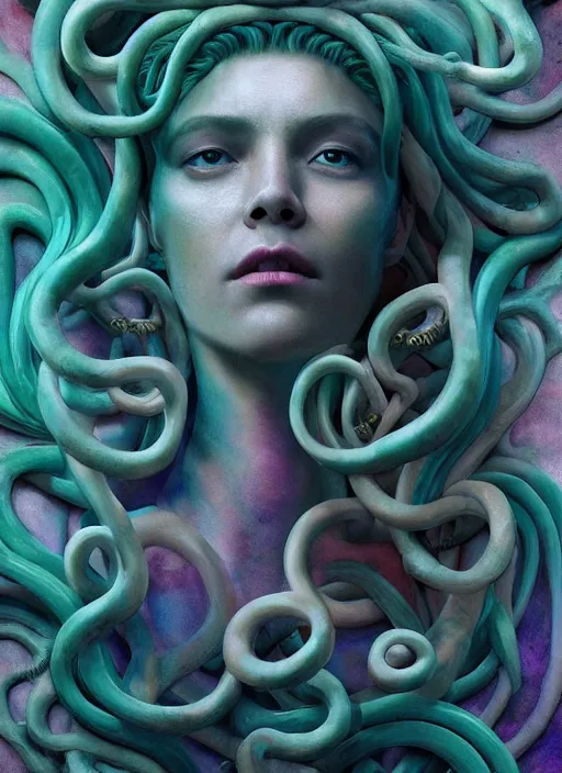 Prompt: medusa made of soft wax, wooden art nouveau swirls, strong subsurface scattering, cables, tubes, subsurface scattering, in the style of ruan jia and beeple and giger, subsurface scattering, mystical colors, rim light, dramatic lighting, 8 k, stunning scene, raytracing, octane render, trending on artstation