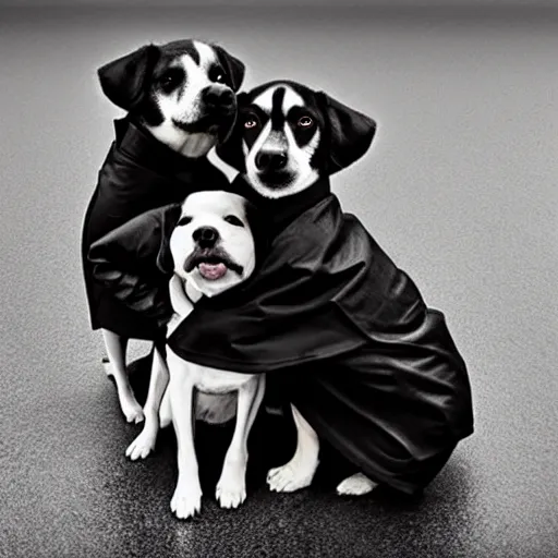 Prompt: 3 dogs stacked on top of each other wearing a trench coat, serious, dark, cute, noir