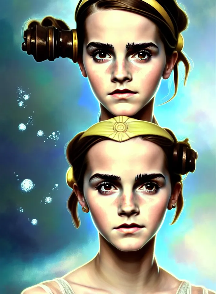 Image similar to symmetry!! face portrait of a young emma watson from bioshock, vintage dress, glowing headband!! underwater atmosphere, intricate, serene, highly detailed, digital painting, artstation, symmetric concept art, smooth, sharp focus, illustration, art by artgerm and greg rutkowski and alphonse mucha, 8 k