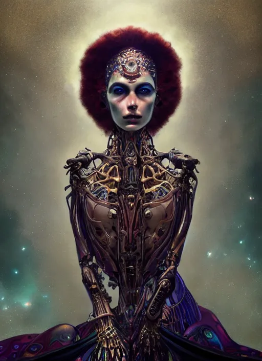 Image similar to epic portrait of menacing and anxious yet stunningly beautiful biomechanical djinn overseeing the iridescent fabric of the universe, by charlie bowater, mandy jurgens, gustav klimt, octane render, dramatic camera angle, 4k, 8k, high detail, HDR, by tom bagshaw, powerful, with inspiration from Beksinski