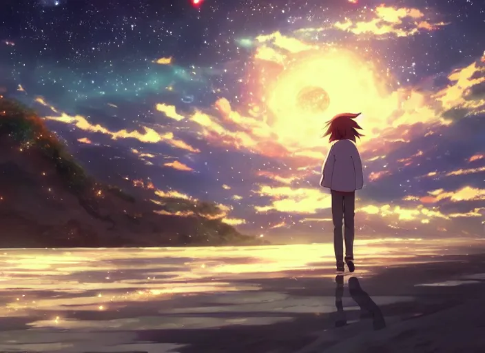 Prompt: going on a walk through space, Japan, anime scenery by Makoto Shinkai, wholesome, discovery